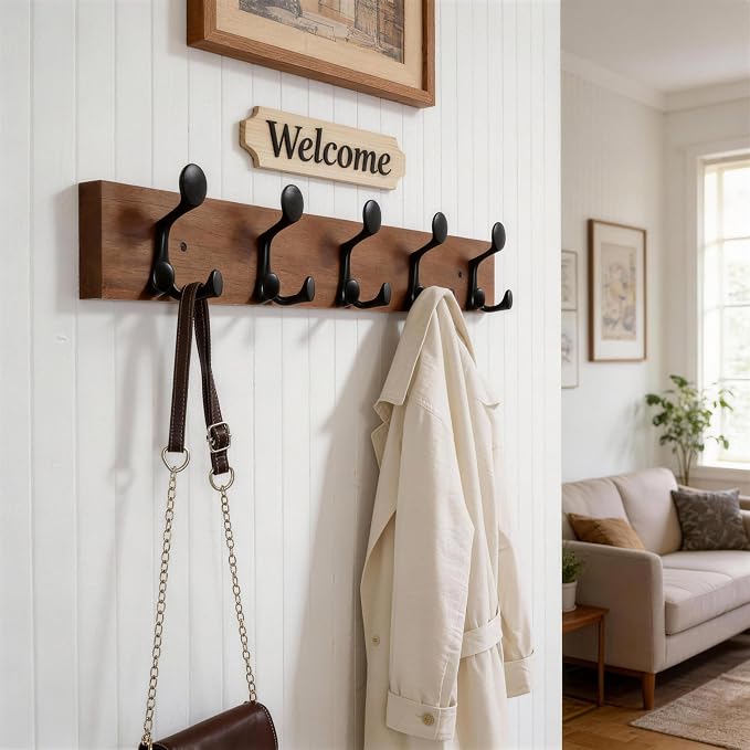 WEBI Coat Rack Wall Mount,30" Solid Wood Coat Hooks Wall Mounted Coat Hanger,16" Hole to Hole,Heavy Duty 5 Triple Hooks for Hanging Coats,Jacket,Hat,Backpack,Farmhouse,Reddish Brown