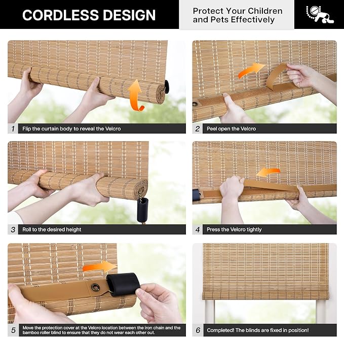LazBlinds Cordless Bamboo Blinds, Bamboo Roll Up Shades for Windows, Privacy Hanging Window Blinds, Shades for Patio Indoor/Outdoor Porch, 43" W x 64" H, Highfield Teak