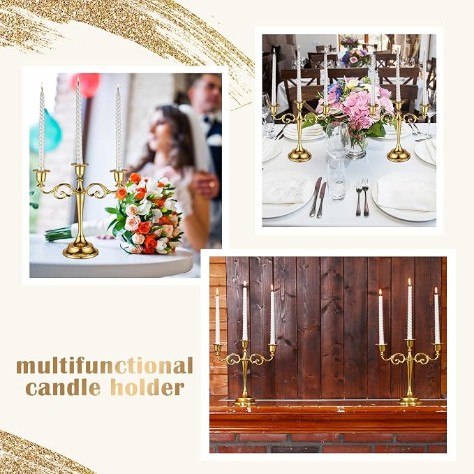 Dandat 3 Pcs 3 Arm Metal Candelabra Candlestick Holders Tall Candlestick Holders Gothic Candle Holder for Home Wedding Church Christmas Party(Classic,10 Inch,Gold)