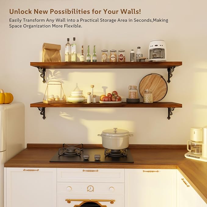 48 Inch 2 Tier Solid Wood Floating Shelves for Wall with Metal Brackets | 48 inch solid pine shelves, 2 tier, walnut finish, metal brackets for books, decor and home storage