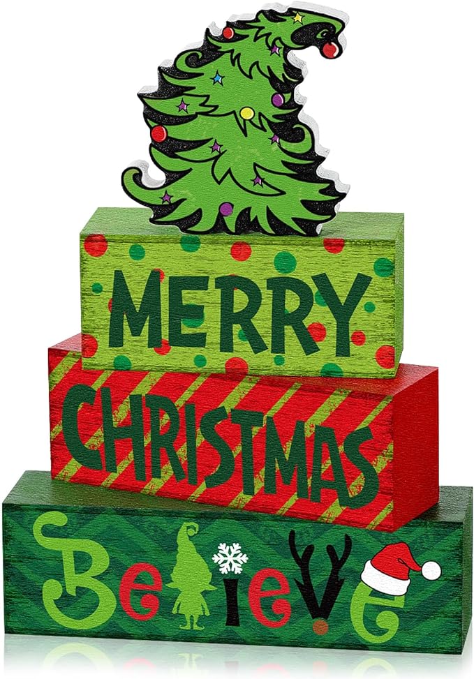 Marsui 4 Pcs Merry Christmas Table Decor Green Red Xmas Tiered Tray Decor Rustic Xmas Tree Believe Holiday Wood Sign Block Farmhouse Christmas Centerpiece for Tables Home Office Desk Shelf Gifts