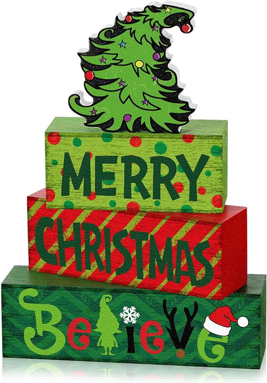 Marsui 4 Pcs Merry Christmas Table Decor Green Red Xmas Tiered Tray Decor Rustic Xmas Tree Believe Holiday Wood Sign Block Farmhouse Christmas Centerpiece for Tables Home Office Desk Shelf Gifts
