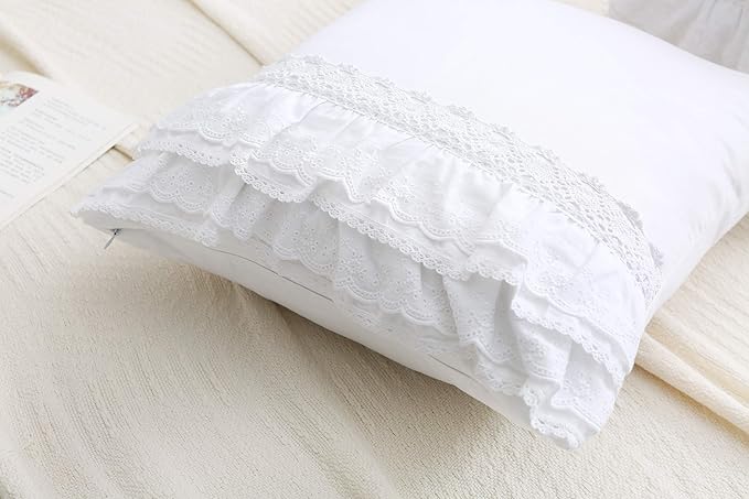 White Lace Square Pillow Covers Euro Shams with Ruffles Cotton 18"X18" 2-Pack Zipper Closure Luxury Elegant