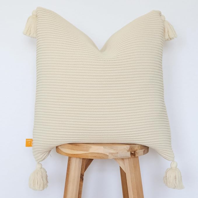 Lumi Lving Cozy Soft Cotton Throw Pillow Cover with Ribbed Knit Texture and Tassel Corners adds Light and Calm to Your Space (18x18, Oat Milk)
