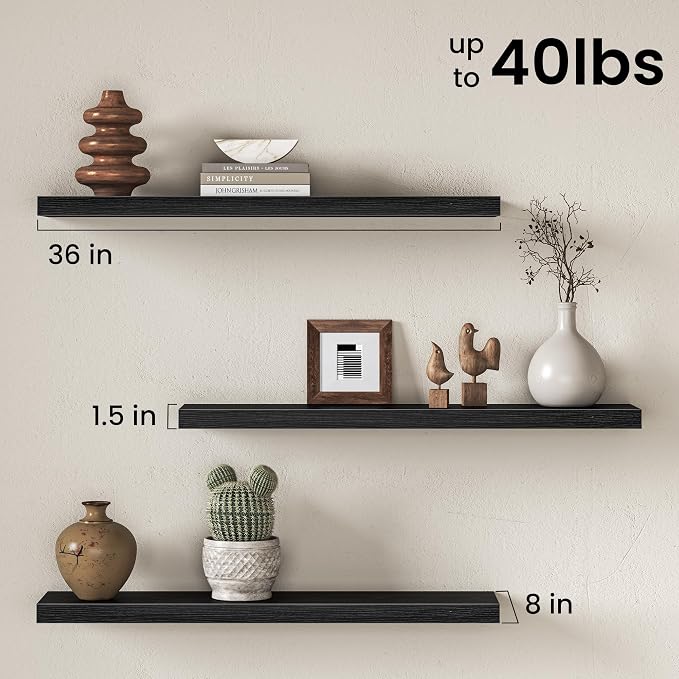 Fun Memories 36 Inch Floating Shelves for Wall, 8 Inch Deep Rustic Wood Floating Shelves Set of 2, Wall Mounted Hanging Shelf with Invisible Brackets for Bathroom, Bedroom, Kitchen, Living Room, Black