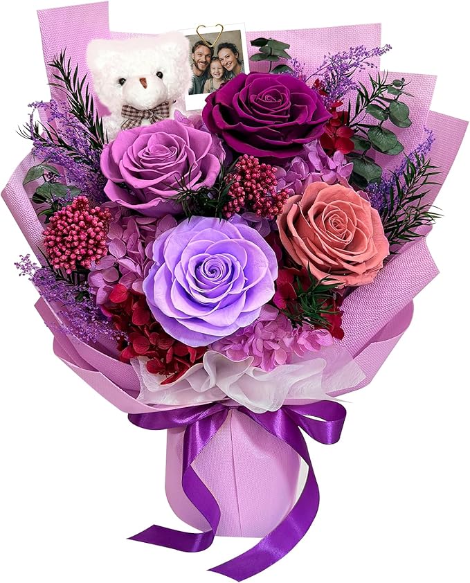 Preserved Flowers Bouquet with Bear&Photo Clip,Last 1-3 Years,4 Real Roses,Flowers for Delivery Prime,Valentine,Mother's day,Anniversary,Birthday Gifts for Grandma Mom Wife Daughter Women Her,Purple