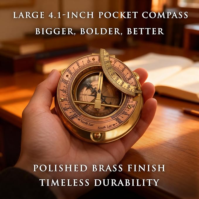 OakiWay Brass Sundial Compass in Leather Case - Nautical Gifts for Men, Antique Sailing Anniversary Vintage Gifts, Unusual Unique Nautical Decor, Ship Naval Maritime Pocket Watch Clock (4.1" Inch)