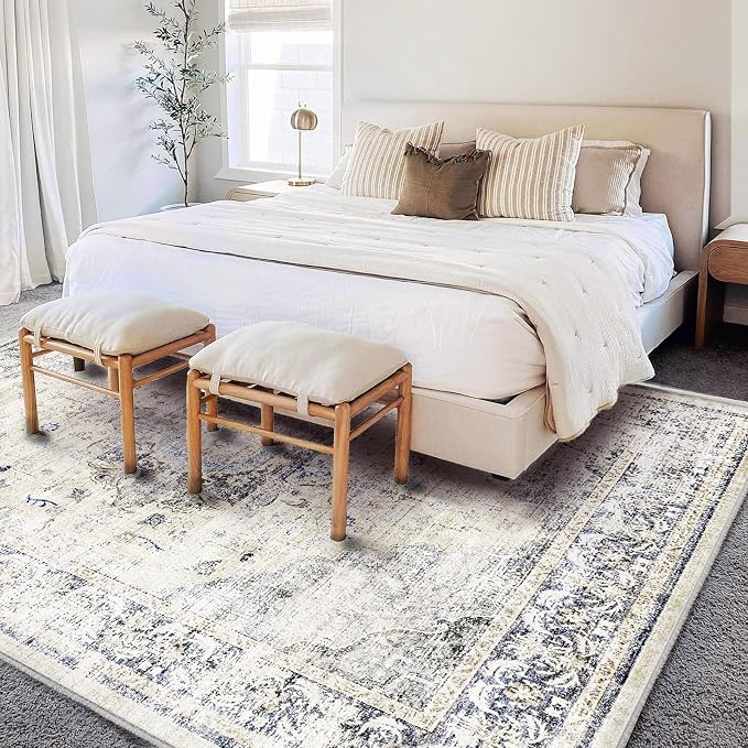 CHAMPLANT Washable Area Rug 9'x12' Floral Blue Boho Design Non-Shedding Easy Care Ideal for High Traffic Areas in Living Room Bedroom Office Coffee Table Kitchen Large Carpet