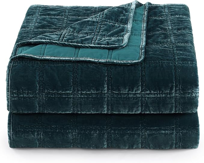 HiEnd Accent Stella Faux Silk Velvet Double Box Stitch 3 Piece Quilt Set, Full Queen Size, Storm Blue Solid Color, Classic Chic Modern Rustic Elegant Bedding Set, Lightweight Bed Set