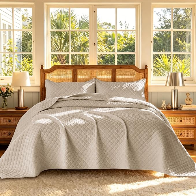 3-Piece Velvet Quilt Set Oversized King Size 120"x120" Bed Blanket Quilted Bedspread Soft Luxury Bedding with 2 Pillow Shams 20''x36'' for All-Season,Beige