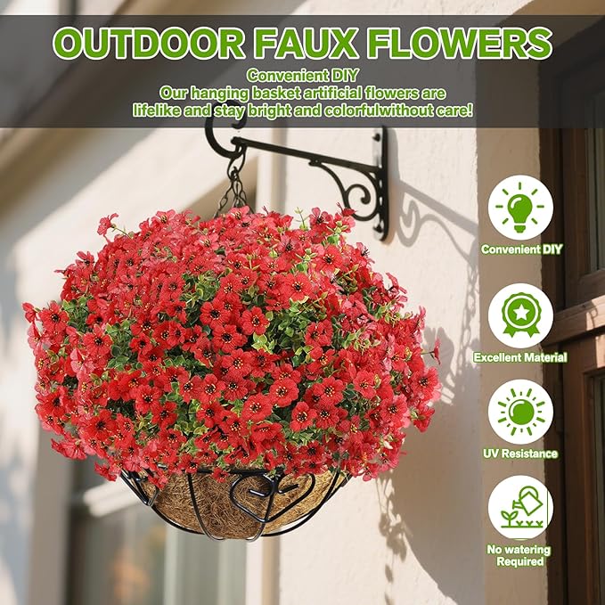 Artificial Flowers for Outdoor,Silk Flowers No Fade Fake Plastic Flowers UV Resistant Faux Plants for Outdoors Outside Front Porch Hanging Planter Window Box Garden Home Decoration,42 Pack(Red)