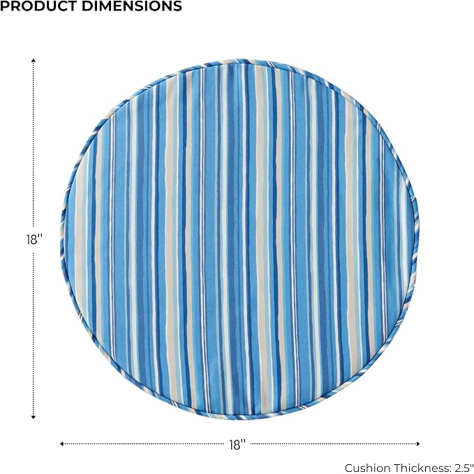 Set of 2 Outdoor 18 inch Round Patio Dining Chair Pads – Comfortable Fiber-Filled Seat Cushions with Ties, Reversible Polyester Fabric, Sapphire Stripe