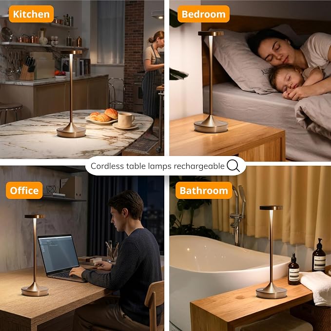 Cordless Table Lamps, Rechargeable 6000mAh LED Desk Lamps, Up to 60 Hours, Touch Control with 3-Level Dimming, Portable Waterproof Lights for Restaurant, Dining Table, Patio & Home (Bronze)