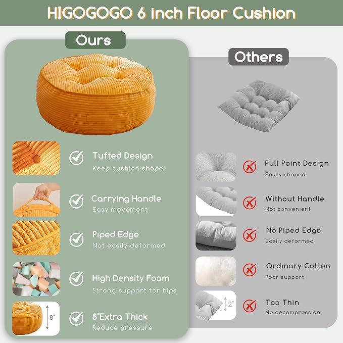 HIGOGOGO 8" Extra Thick Floor Pillow Cushion for Adults, Meditation Cushion Pillow, Large Round Floor Sitting, Tufted Corduroy Cover, for Tatami Living Room or Yoga, 22x22 Inch, 2Pack, Orange