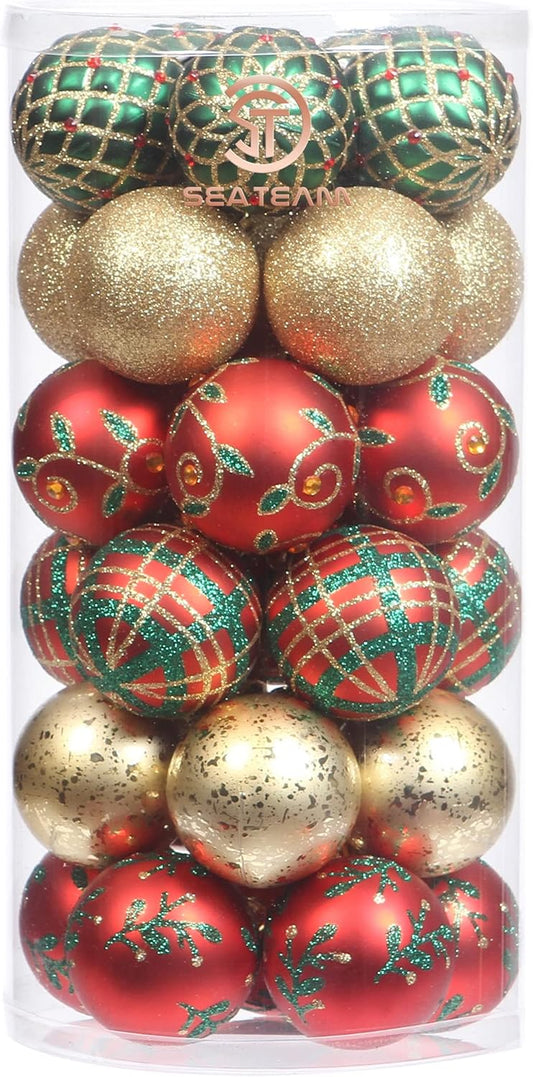 Sea Team 60mm/2.36" Delicate Contrast Color Theme Painting & Glittering Christmas Tree Pendants Decorative Hanging Christmas Baubles Balls Ornaments Set - 30 Pieces (Gold, Red & Green)