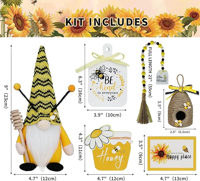 Bee Tiered Tray Decor Set, 6 Pcs Bumble Bee Farmhouse Kitchen Decor with Gnome, Honey Jar, Bee Hive, Wood Signs & Garland, Rustic Spring Decor Summer Countertop Coffee Bar Decorations