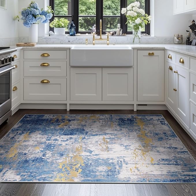 RELEANY Washable Area Rugs 4'x6' Non-Slip Modern Abstract Soft for Living Room Entryway Bedroom Nursery, Print Pattern, Grey Blue Gold/Golden