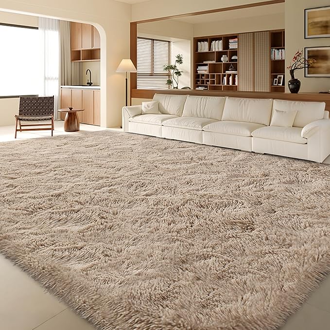 FinRèc 9x12 Feet Tan Rugs for Living Room Bedroom, Fluffy Plush Area Rug, Non-Slip High Pile Shaggy Rug for Kids Room Dorm Room Home Decor, Indoor Solid Shag Floor Carpet
