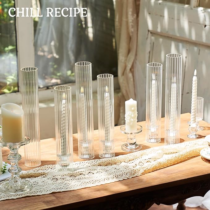 CHILL RECIPE Hurricane Glass Candle Holders-Set of 6 Tall Taper Candle Holder with 12” Tall Clear Cylinder Covers for Wedding Table Centerpiece Home Decor (Floral Base+Ribbed Chimney)