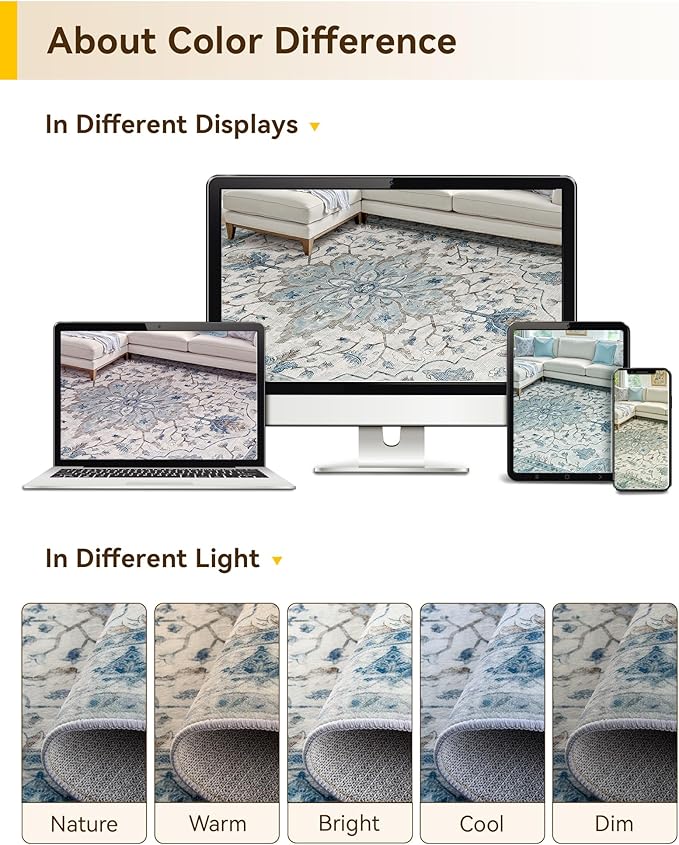 RELEANY Area Rugs Square 6ft Washable Non-Slip, Floral Vintage Distress Print Pattern Medallion Carpet for Living Room Bedroom Dining Room, Light Blue Navy Beige Gray White