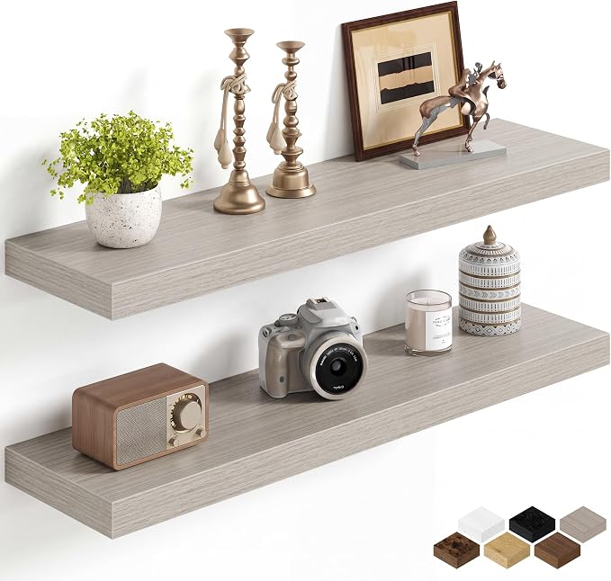 Fun Memories 32Inch Floating Shelves for Wall, 8 Inch Deep Shelves for Bathroom|Bedroom|Kitchen Wall Mounted, Wood Hanging Shelf with Invisible Brackets for Home Storage Decor, Grey - 2 Pack