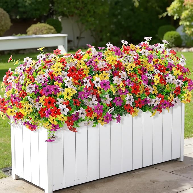 SHareconn 24 Bundles Artificial Flowers for Outdoors Spring Decoration, Fake Silk Realistic Faux Plants UV Resistant for Outside Planter Porch Patio Indoor Decor, RedPurpleYellowWhite