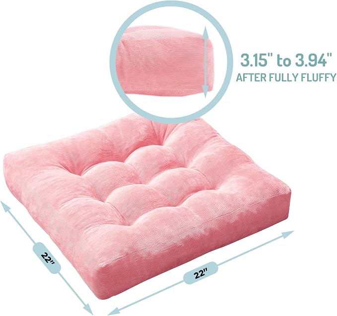 Meditation Floor Pillow Pink, Square Large Pillows Seating for Adults and Teens, Tufted Corduroy Cushion for Living Room Tatami, 22x22 Inch, 1 Count (Pack of 1)