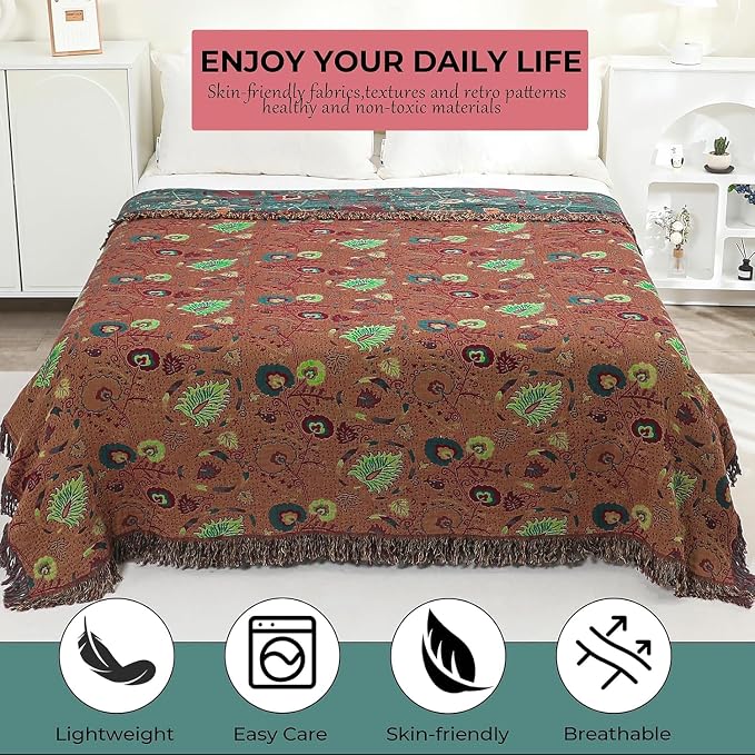 Boho Throw Blanket,Deep Green Floral Fringed Muslin Blanket for Couch,Sofa, Living Room, Bedroom – Lightweight Cotton Tassel Blanket for Summer,Cozy Home Decor,Gifts for Father,50"x60"