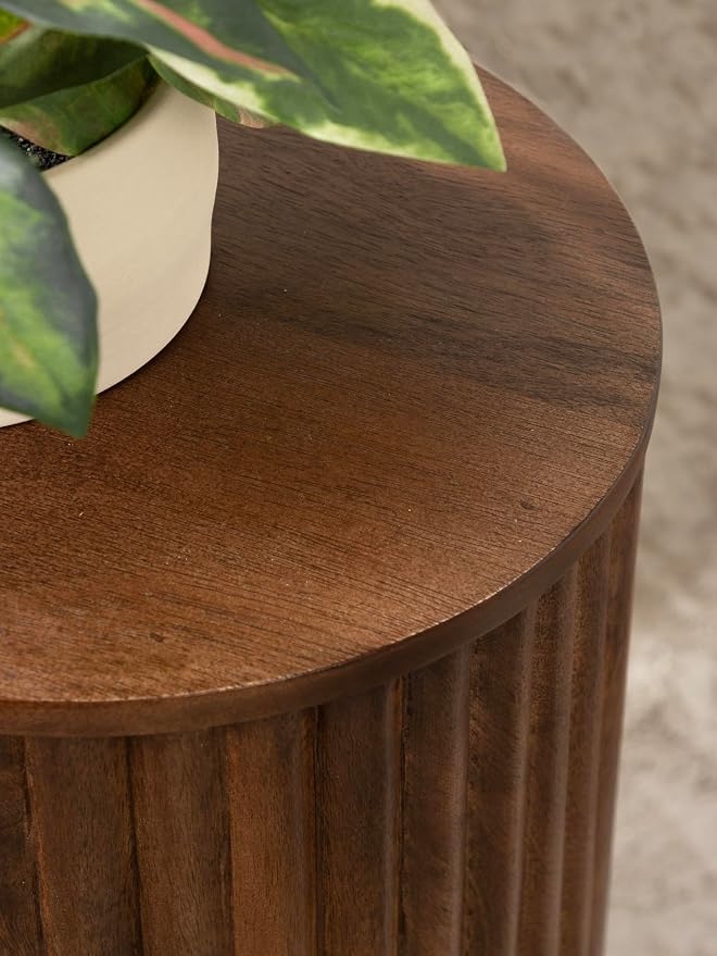 Kate and Laurel Reid Modern Wooden Ribbed Drink Table; 10 x 10 x 22; Walnut Brown; Solid Wood Mini Table for Use as Pedestal Plant Stand Indoors or Small Nightstand Option