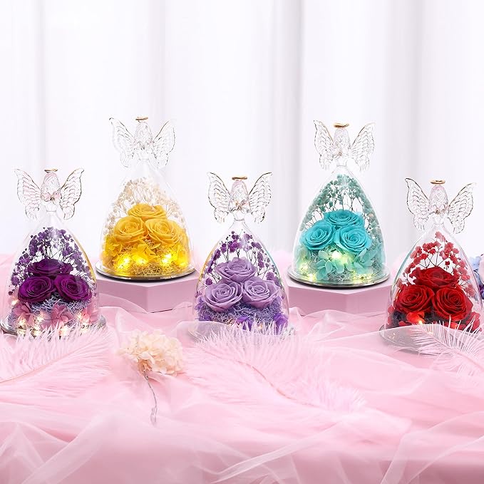 Mothers Day Rose Gifts for Women Preserved Real Flower in Glass Angel Figurines Roses for Delivery Prime Birthday Gifts for Mom Grandma Girlfriend Wife Her - Tify Blue