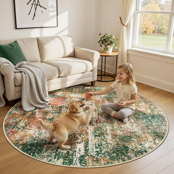 RELEANY Washable Area Rugs 6ft Non-Slip Modern Abstract Soft for Living Room Entryway Bedroom Nursery, Print Pattern, Green Orange Rust Red Cream Colorful