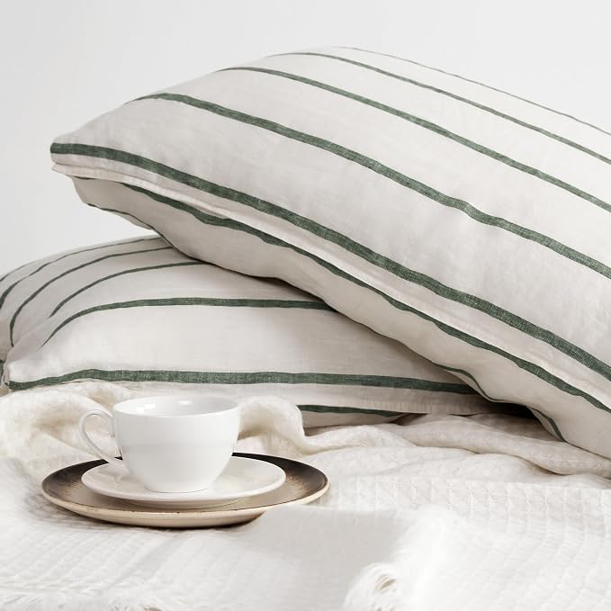 Linen World Striped Linen Pillow Cases Set of 2,20"x30" Standard/Queen Size,100% French Natural Flax Soft Breathable Linen Pillowcases,Olive Green and Cream Stripe
