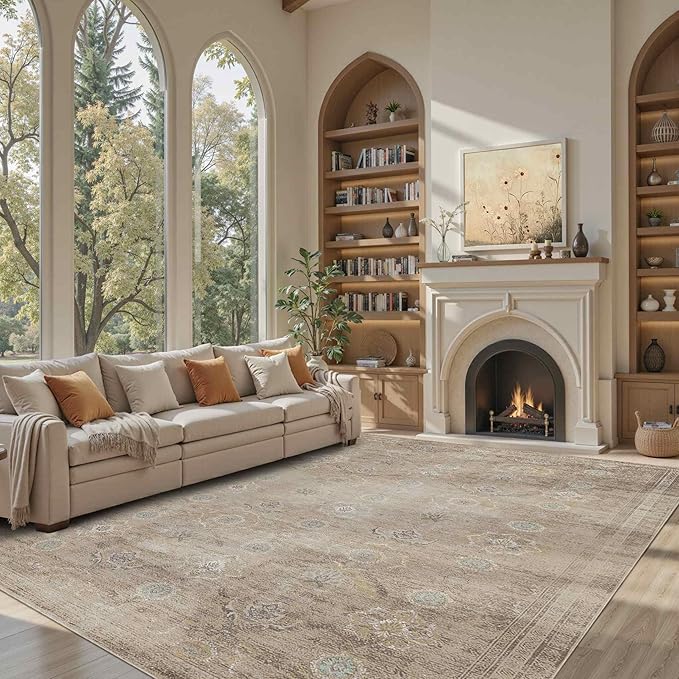 Rugxara 8x10 Area Rugs for Living Room, Large Washable Rug, Beige Vintage Retro Boho Style, Non Slip & Low Pile Faux Wool Carpet for Indoor Dining Room, Bedroom, Dorm, Classroom and Kids Room