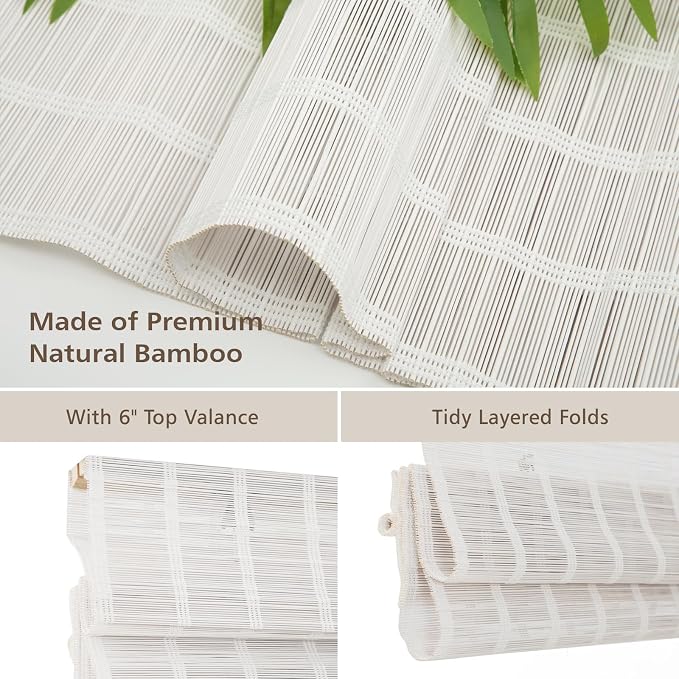 Cordless Bamboo Roman Shades, 33.5" W x 74" H, Natural Pearly White | Light Filtering Woven Wood Window Treatment, Bamboo Blinds for Living Room Bedroom Kitchen & Office