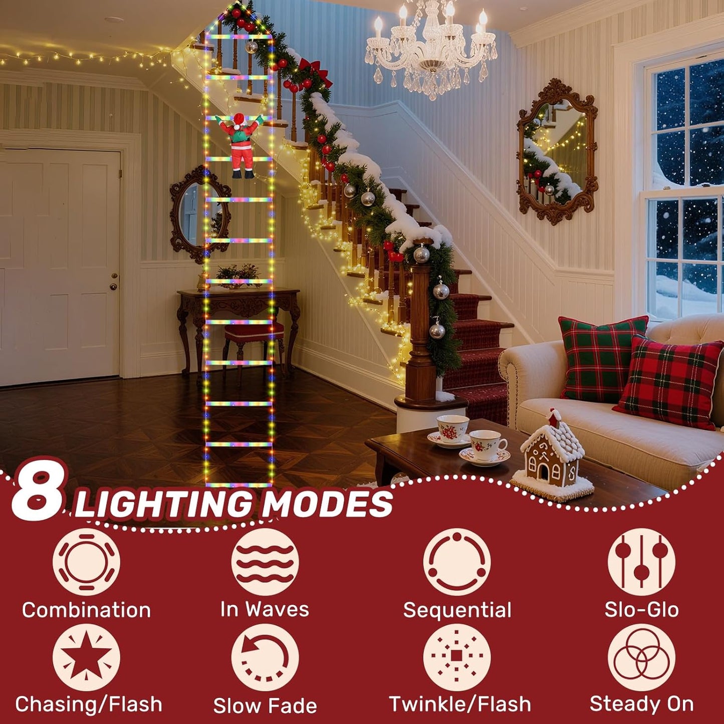 LED Christmas Ladder Lights 10ft with Santa Claus Decorations 2025 Upgrade Decorative Multicolor Lights for Outdoor and Indoor, Window, Garden, Home, Wall, Xmas Tree Decor Waterproof with 8 Modes