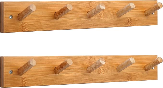 WEBI Coat Rack Wall Mounted,16" Hole to Hole,Coat Hanger Wall Mount with 5 Hooks for Hanging Coats,Hook Rack Peg Rail for Hats,Jacket,Clothes,Towels,Natural,2 Packs
