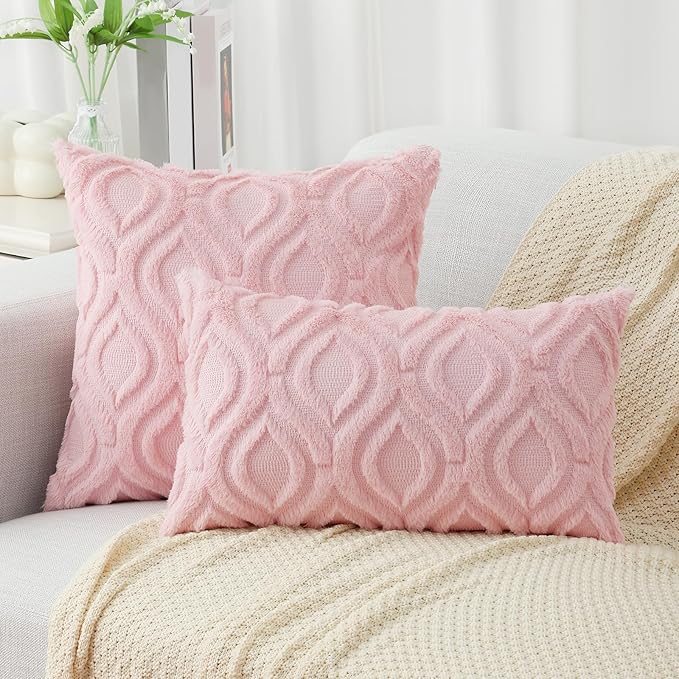 decorUhome Summer Throw Pillow Covers 20x20 Inch Set of 2, Soft Plush Faux Wool Light Pink Solid Couch Pillow Covers, Accent Farmhouse Neutral Square Pillow Cases for Sofa Bed Living Room