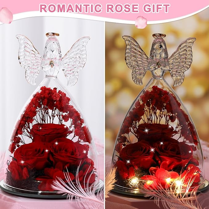 Mothers Day Rose Gifts for Women Preserved Real Flower in Glass Angel Figurines Roses for Delivery Prime Birthday Gifts for Mom Grandma Girlfriend Wife Her, Crystal Red
