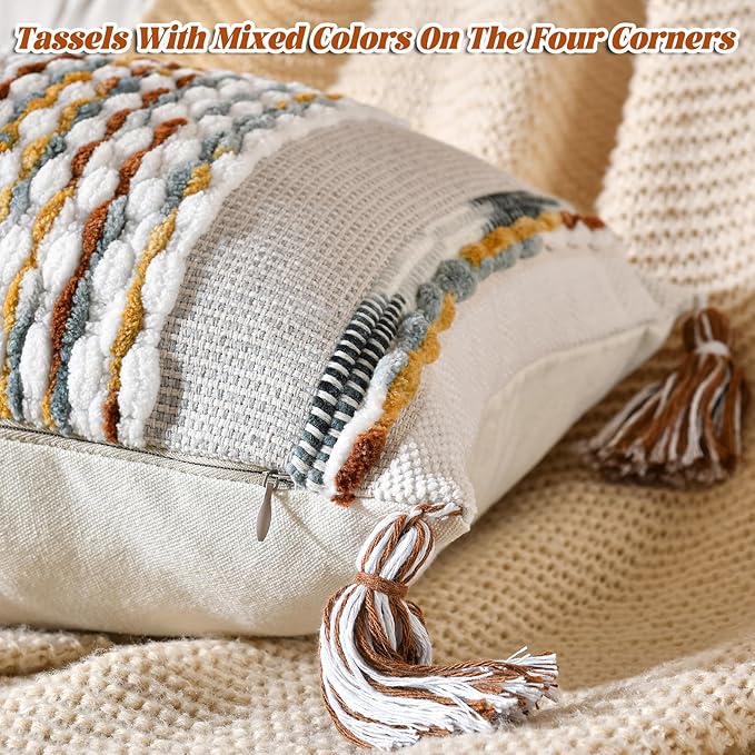 AmHoo Chenille Striped Textured Boho Throw Pillow Covers Aesthetic with Tassels Woven Decorative Pillow Case for Couch Bed Sofa Bedroom Modern Funky 14 x 36-Inch Brown