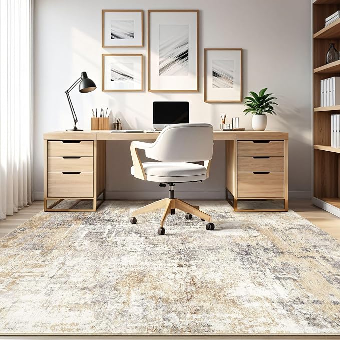 Square Rug 8x8 Living Room: Large Washable Abstract Modern Soft Area Rug Stain Resistant Indoor Floor Non-Slip Accent Carpet for Bedroom Nursery Playroom Dining Room Office Dorm Home Decor- Gray Gold