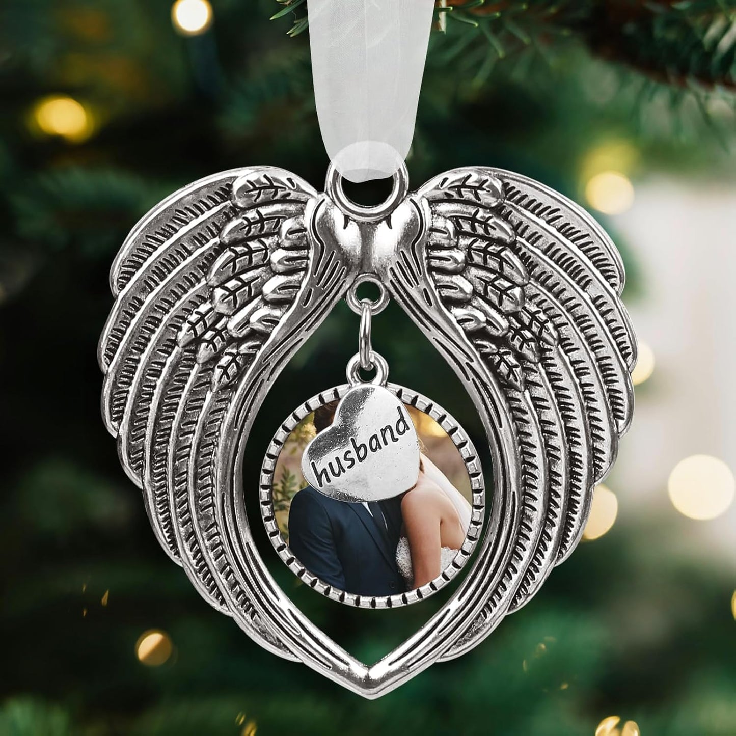 Christmas Ornaments Angel Wings with Custom Photo Frame for Loss of Loved One Remembrance Keepsake with Silk Ribbon & Red Gift Box