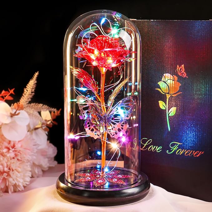 Mothers Day Flowers Gifts for Mom Women Birthday Gift, Galaxy Glass Rose Forever Eternal Crystal Flowers Rose in Glass Dome with Butterfly Mother's Day Roses Gifts for Mom Daughter Wife Grandma Red