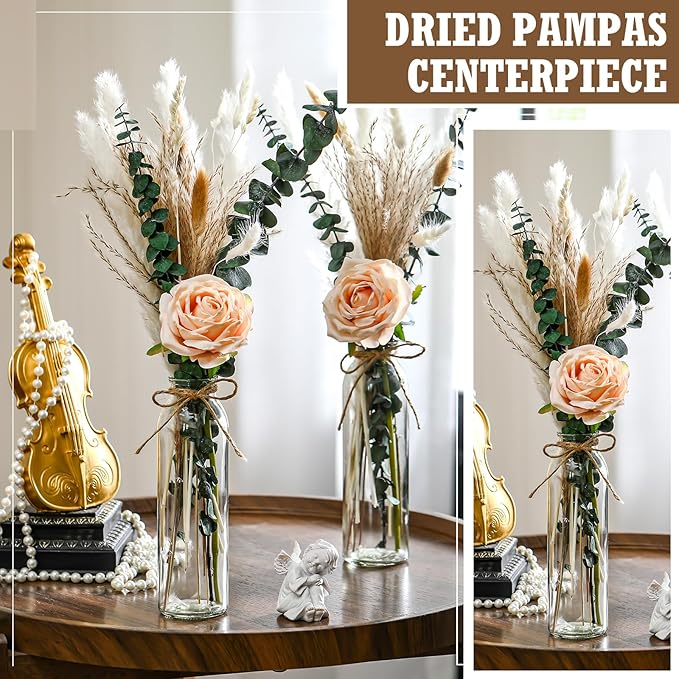 Qinyoung 10 Set Dried Pampas Grass Centerpiece for Wedding Baby Shower Party 10 Glass Flower Jars 10 Artificial Roses 80 Dried Pampas Grass with Rope for Rustic Bridal Farmhouse Decoration(Champagne)