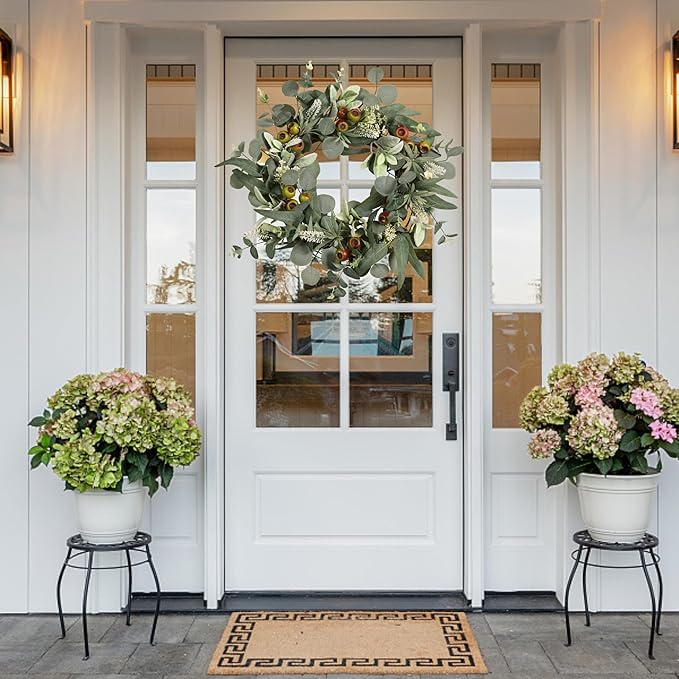 22IN Spring Summer Eucalyptus & Berry Wreath with Realistic Lamb's Ear Leaves. Seasonal Greenery Decor for Front Door, Wall, and Year-Round Celebrations.