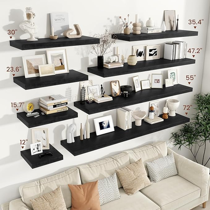 Vivelove 2 inch Thick Floating Shelves for Wall 48 Inches Long, 12" Deep Wall Shelves, for Bedroom, Bathroom, Living Room, Kitchen, Office, Modern Home Decor, 48" X 12" X 2", Set of 2, Black