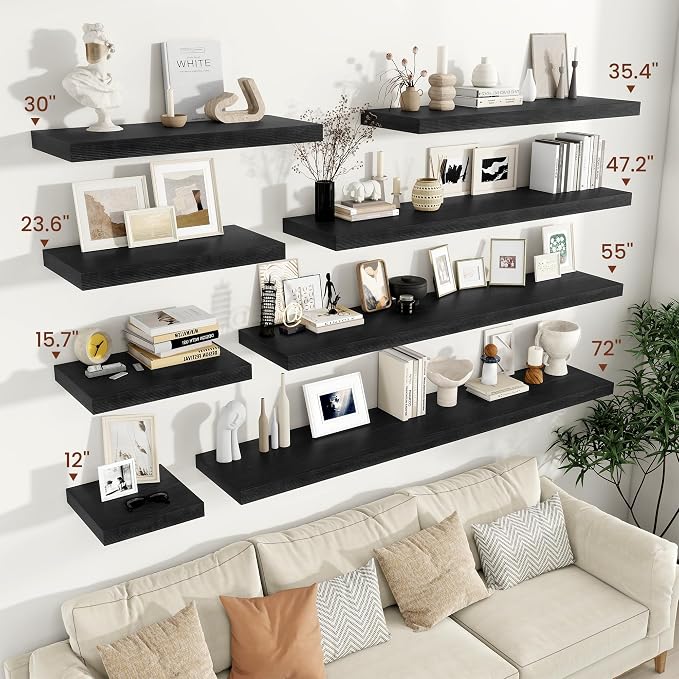 Vivelove 2" Thick Floating Shelves for Wall 16 Inches Long, 12" Deep Wall Shelves, for Bedroom, Bathroom, Living Room, Kitchen, Office, Modern Home Decor, 16" X 12" X 2", Set of 2, Black