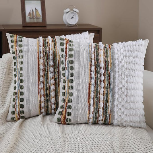 Boho Throw pillow covers 18x18 set of 2 farmhouse decorative Couch pillow covers neutral Accent throw pillows covers striped outdoor cushion covers square textured chenille pillow cases for sofa bed