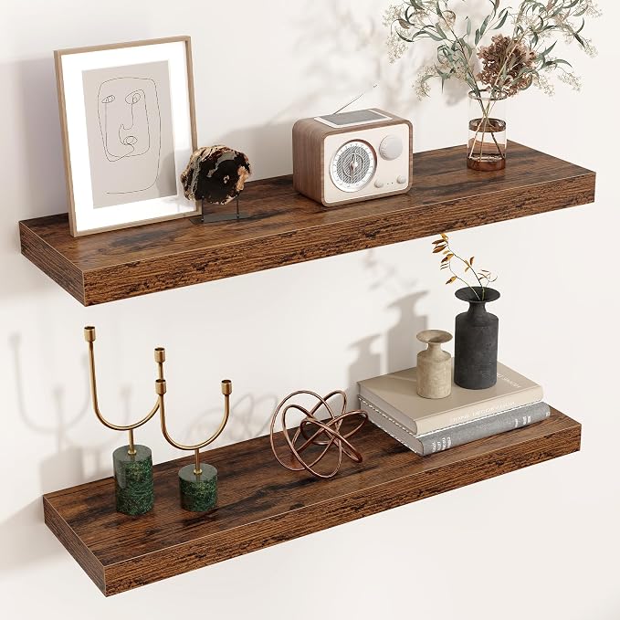 24" Wide x 6.5" Deep Floating Shelves for Wall, Rustic Brown, 2-Pack | Engineered Wood Wall Shelves with Invisible Brackets for Living Room, Bedroom, Bathroom, Office & Kitchen Storage