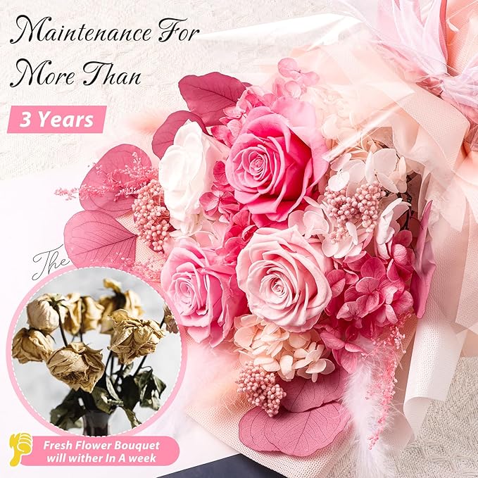 Flowers for Delivery Prime, 4 Pink Rose Preserved Flowers Bouquet Mothers Day Gifts for Mom, Birthday Gifts for Women Her Wife Girlfriend Grandma, Real Forever Flowers for Valentines Day Anniversary