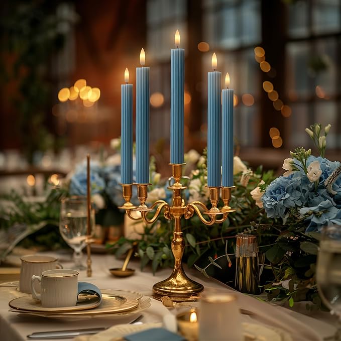 6 Pack, 10" LED Flameless Real Wax Blue Fluted Ribbed Grooved Taper Candles, Remote & 24h Timer Memory, On/Off Button, Dimmable, Flicker Mode, Battery Operated, Wedding